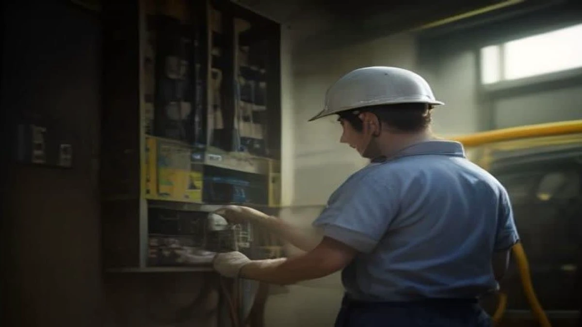 Technician in a hard hat working on the electrical panel of a mining facility