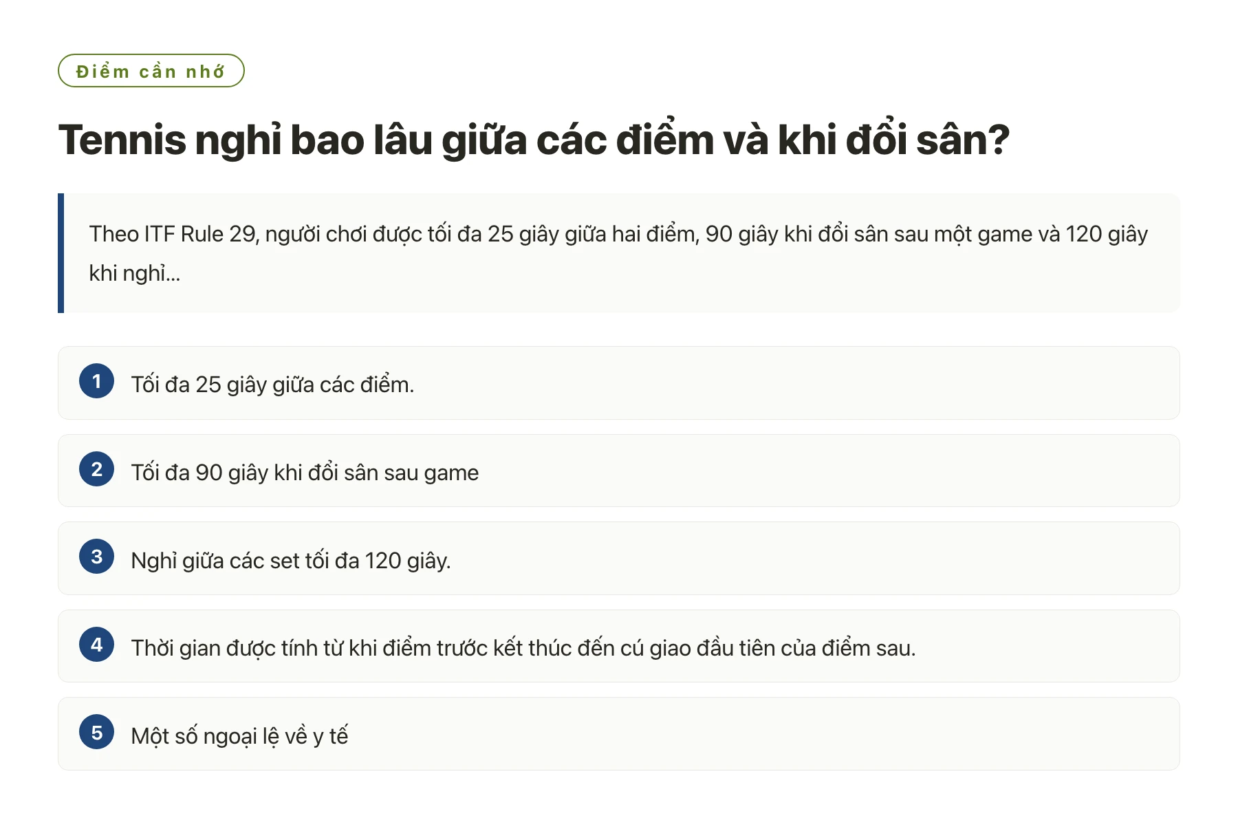 Tennis nghỉ bao lâu giữa các điểm và khi đổi sân?——全文要点速览